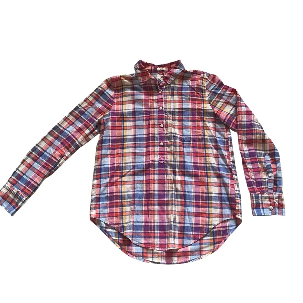 J.crew shirt women XS boy fit orange plaid academia relaxed beach lightweight